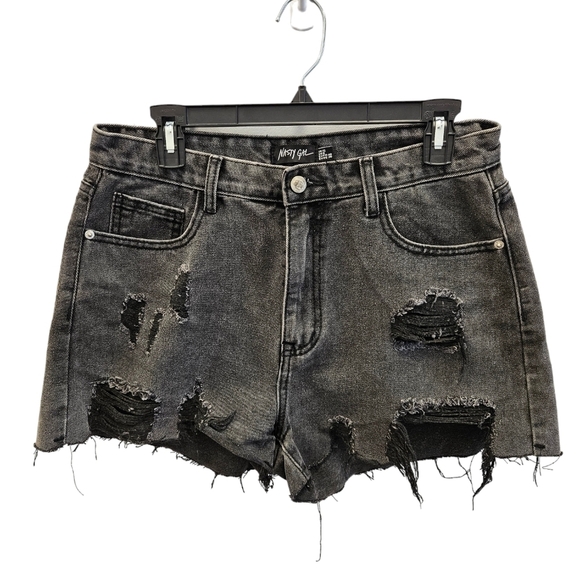 Nasty Gal Distressed High Rise Black Washed Denim Shorts Womens - Picture 5 of 6